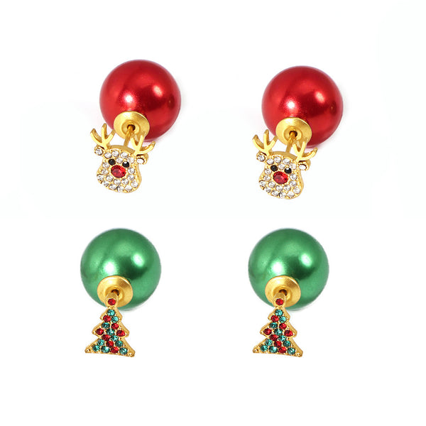 Color zircon Christmas tree elk stainless steel stud earrings DIY colored beads ear plug niche new earrings