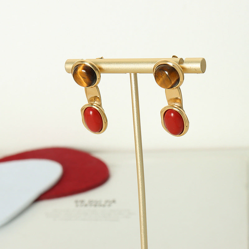 Autumn and winter titanium steel design detachable two wear inlaid colored natural stone earrings simple retro earrings jewelry women's pp