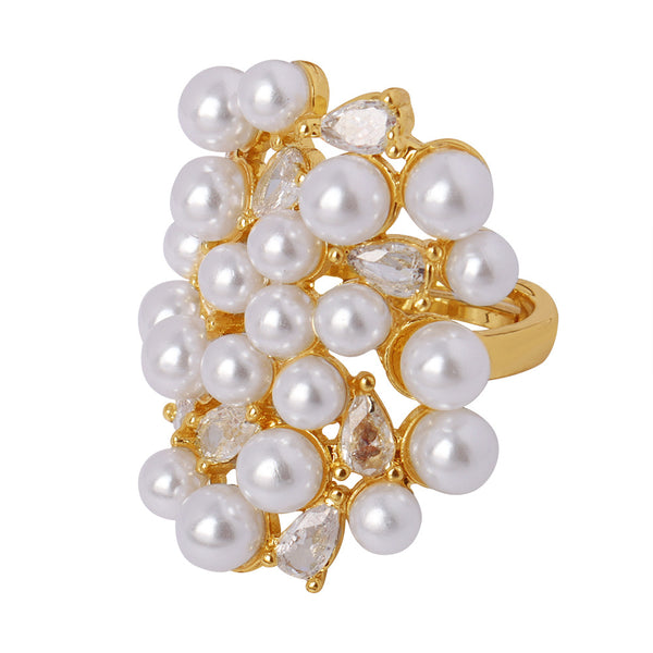 New fashion light luxury copper material irregular design zircon imitation pearl adjustable ring jewelry women