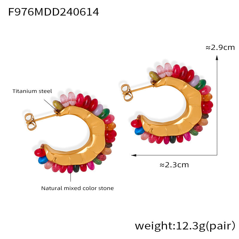 Dopamine wear fashionable simple personality elegant jewelry inlaid with colorful natural stone design titanium steel C stud earrings pp