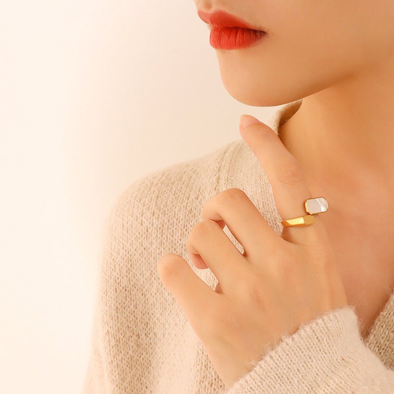 New retro fashion white sea shell open ring women's titanium steel plated 18K real gold ring hand jewelry pp