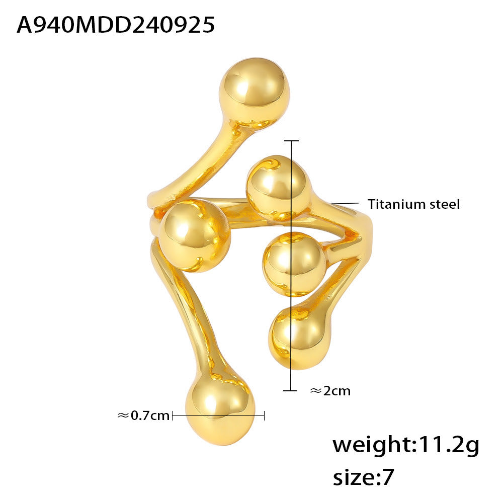 Ball casting ring Titanium steel water-plated 18K gold branch opening design creative exaggerated fashion ring spot