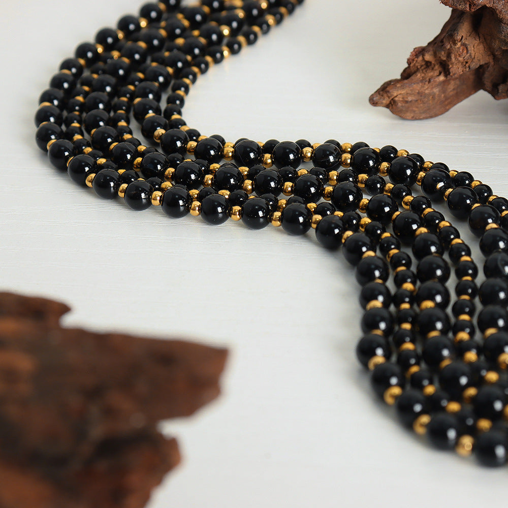 New light luxury high-end niche design black agate handmade beaded titanium steel bead necklace female pp