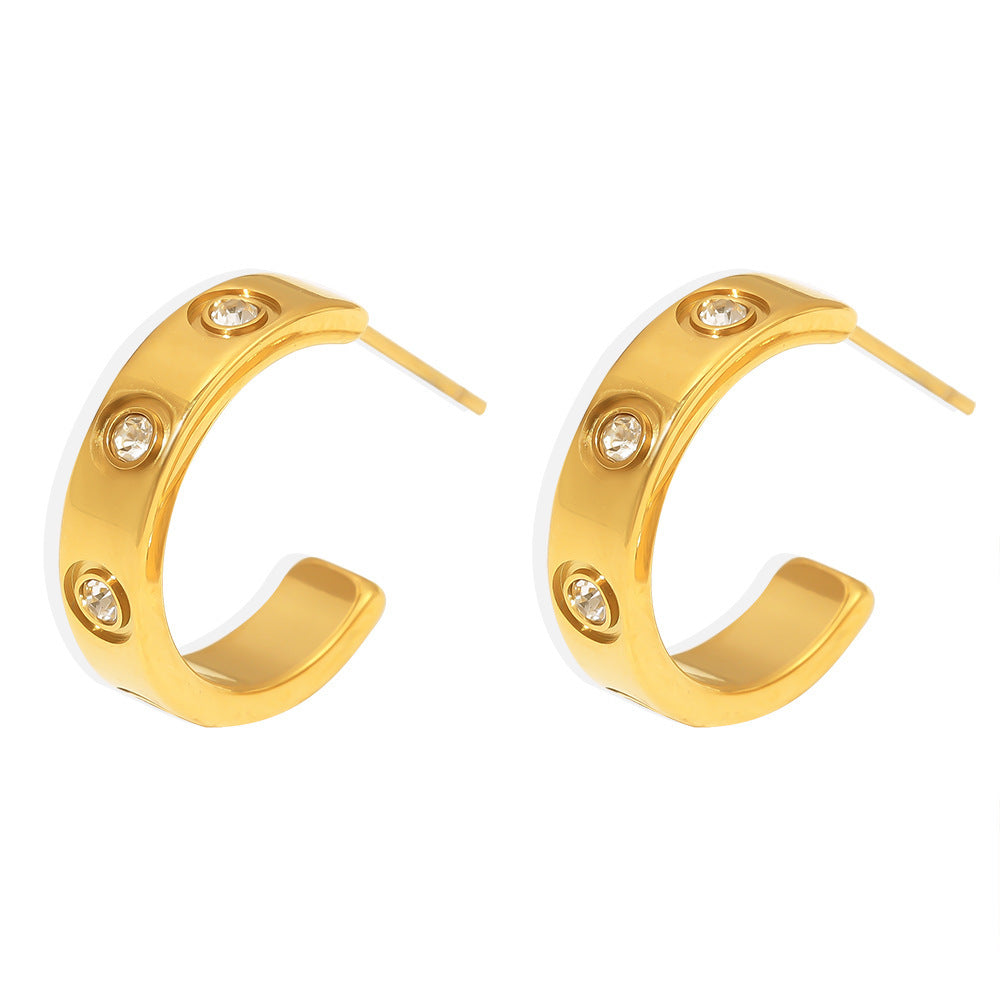 Popular jewelry C-shaped zircon earrings simple cold wind 18K gold-plated titanium steel earrings wholesale