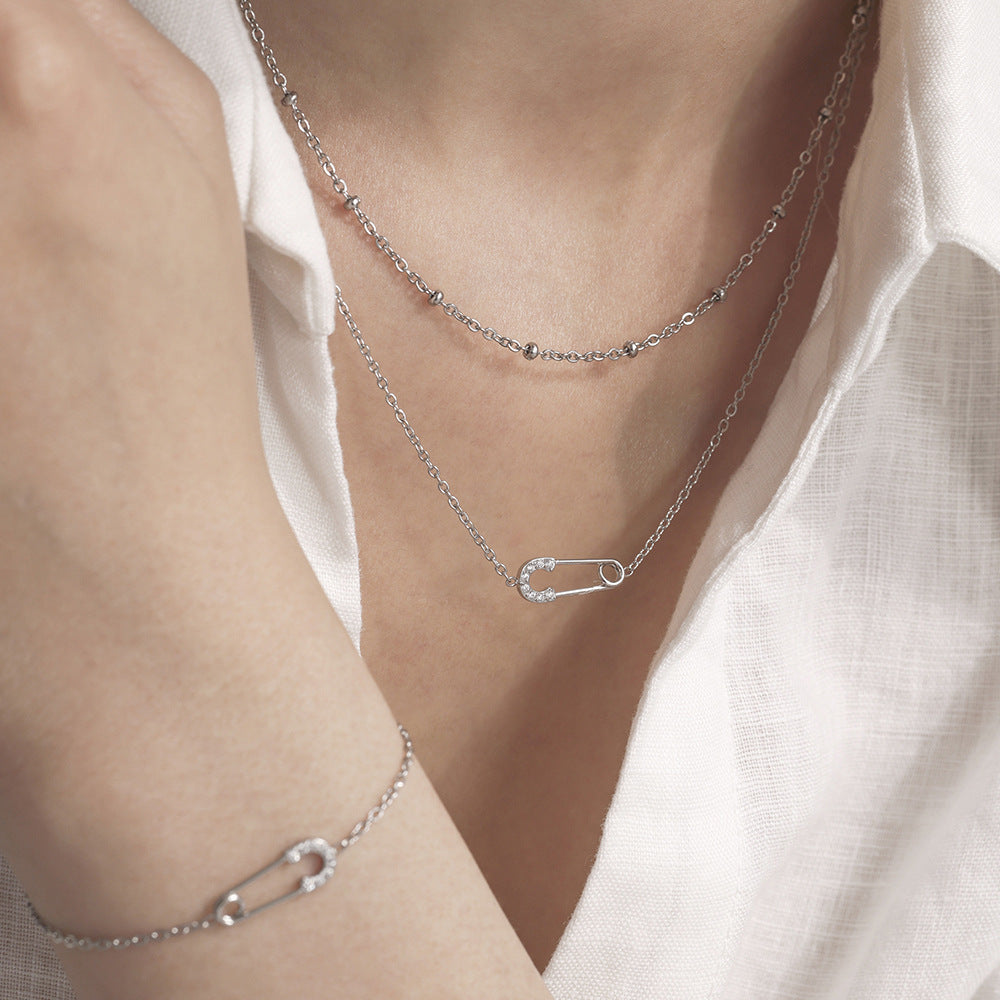 Full Diamond 5A Zircon Pin Stainless Steel Double Necklace/Bracelet Jewelry Set