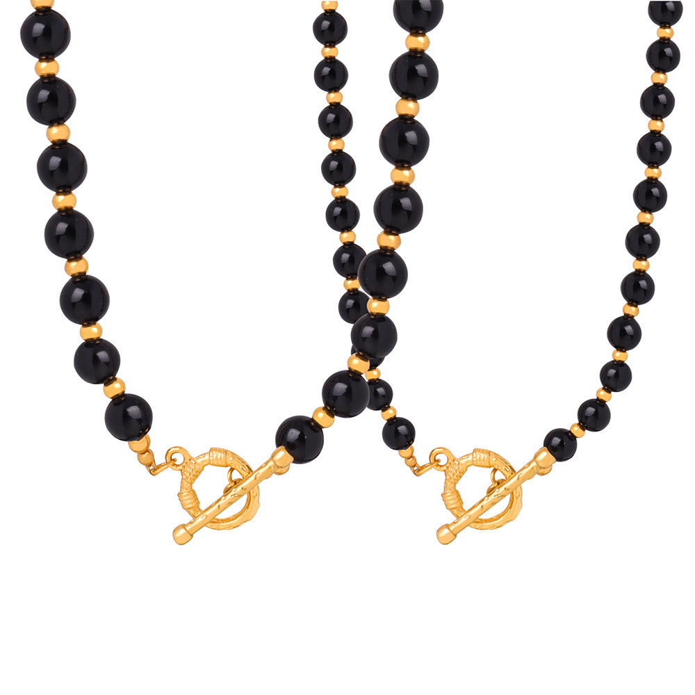New light luxury high-end niche design black agate handmade beaded titanium steel bead necklace female pp