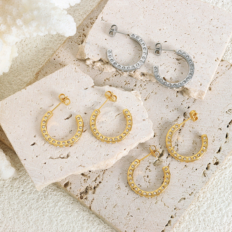 Autumn and winter fashion light luxury inlaid zircon design geometric exaggerated simplicity versatile titanium steel gold-plated earrings jewelry female pp