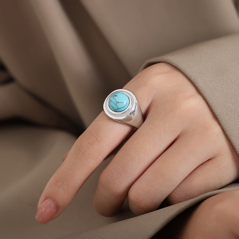 New Empress Dowager Tiger's Eye Blue Turquoise Retro Court Light Luxury Couple Titanium Steel Ring Ring