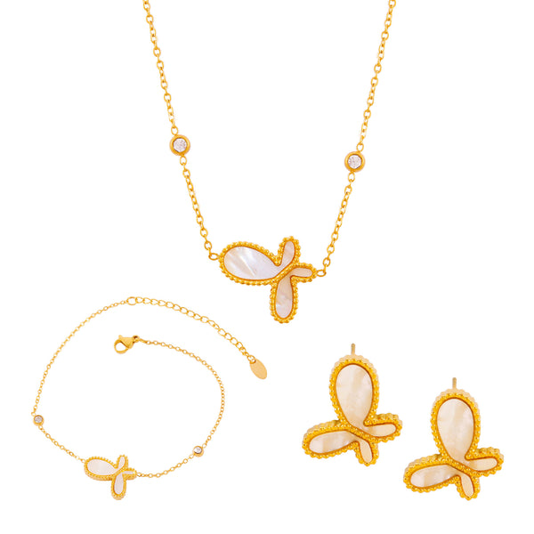 Elegant temperament gentle personality jewelry inlaid with white shell design butterfly pendant titanium steel gold-plated jewelry set