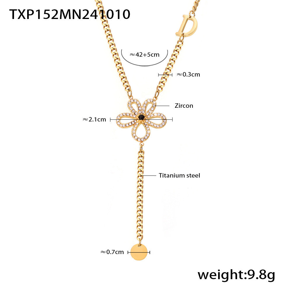 Handmade flower sticky zircon earrings necklace jewelry set titanium steel plated 18k real gold color retention spot wholesale
