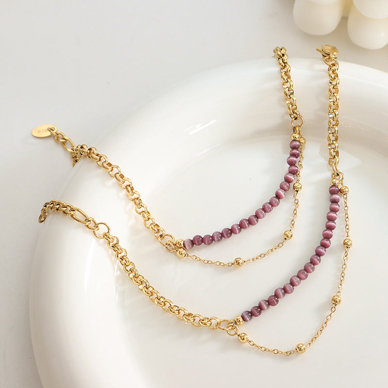 Trend casual style hand jewelry personalized versatile opal light luxury temperament double chain titanium steel plated 18K gold bracelet