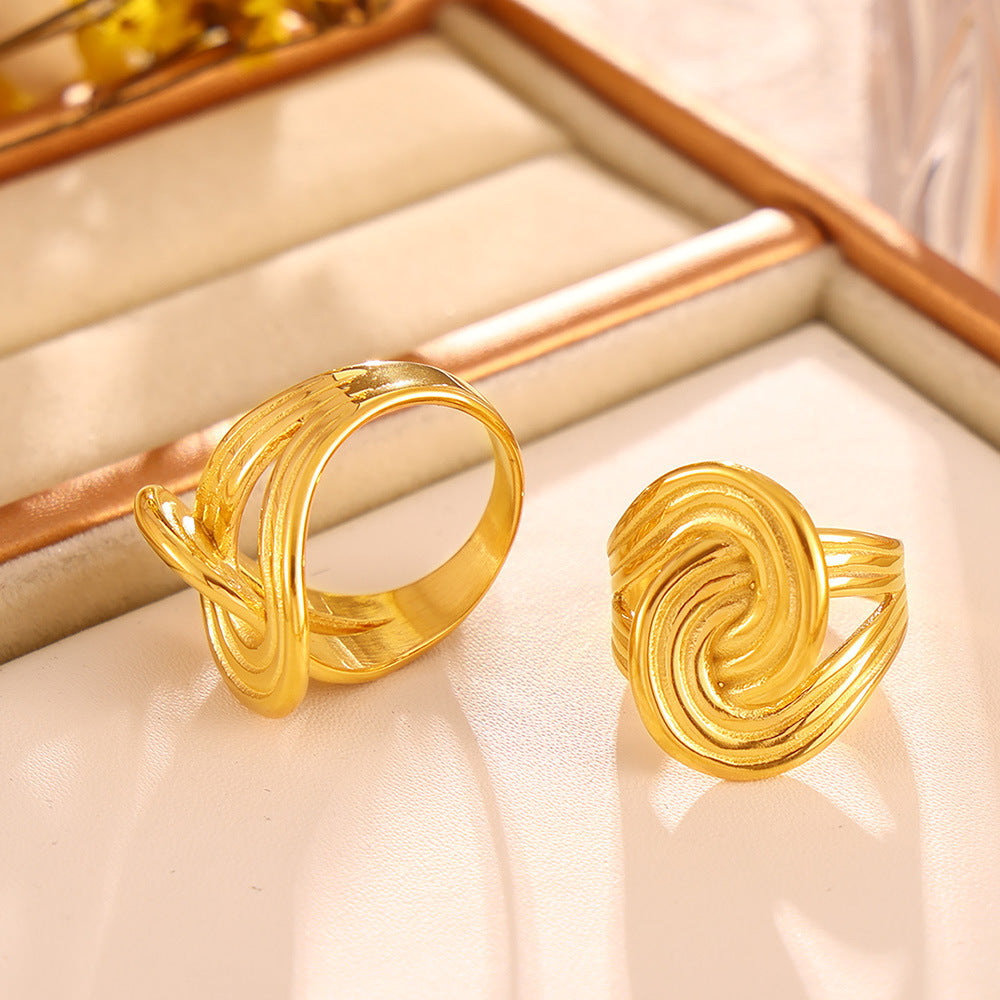 Twisted Stripe Wrap Ring 18k Plated Real Gold Retro Fashion Design Titanium Steel Jewelry Wholesale