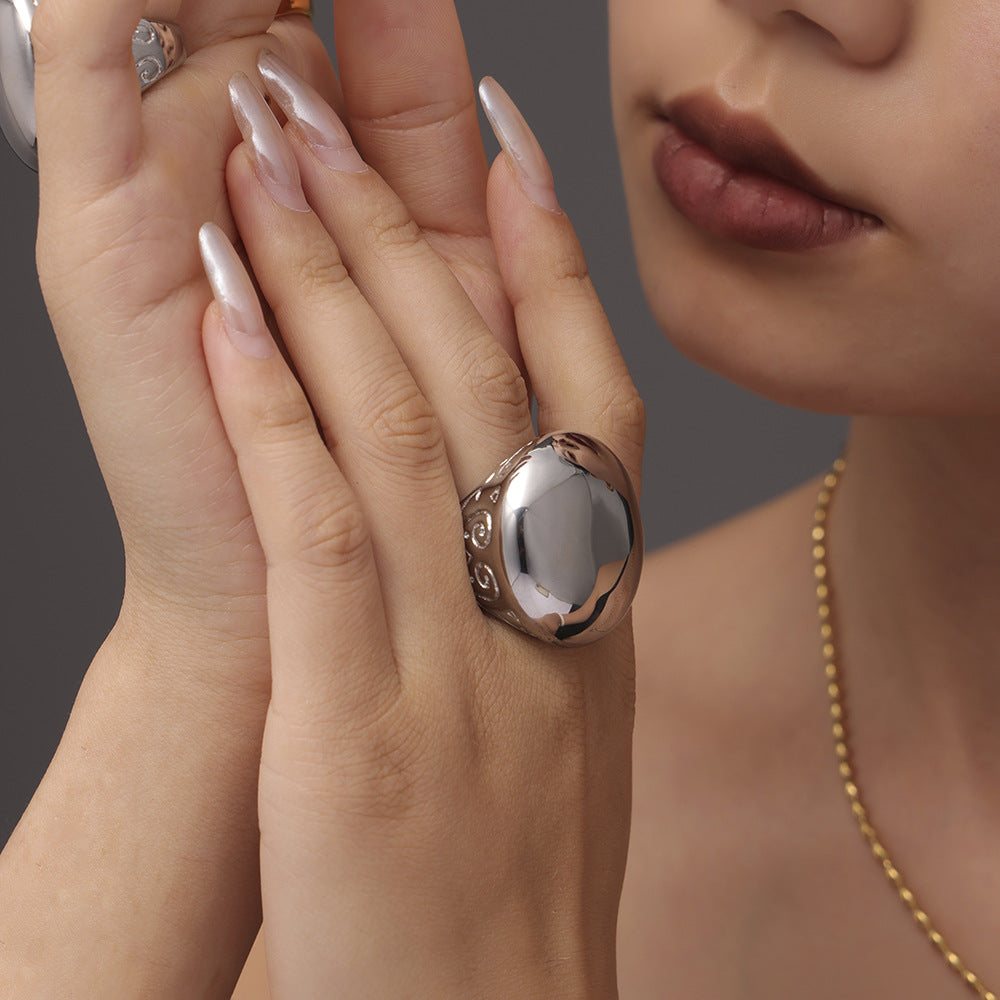 Accessories High texture large glossy Roman pattern digital casting ring women's stainless steel PVD plated real gold color retention
