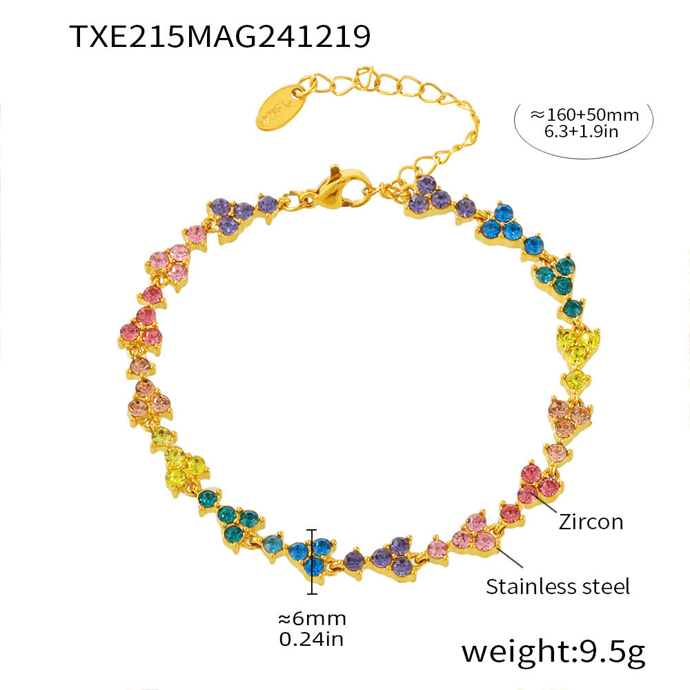 Dopamine triangle plum flower handmade chain inlaid with heavy industry luxury zircon stainless steel plated 18K real gold bracelet