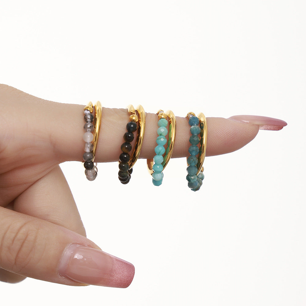 Wind natural stone beaded double-layer ring, women's stainless steel plated with 18k real gold, European and American niche with 99.