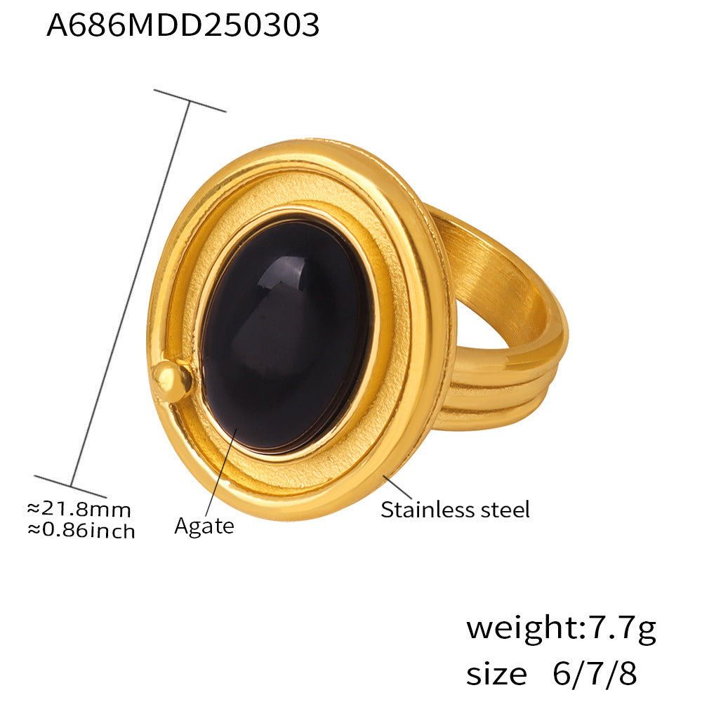 Stainless steel oval black agate ring light luxury ring titanium steel 18K real gold hand jewelry