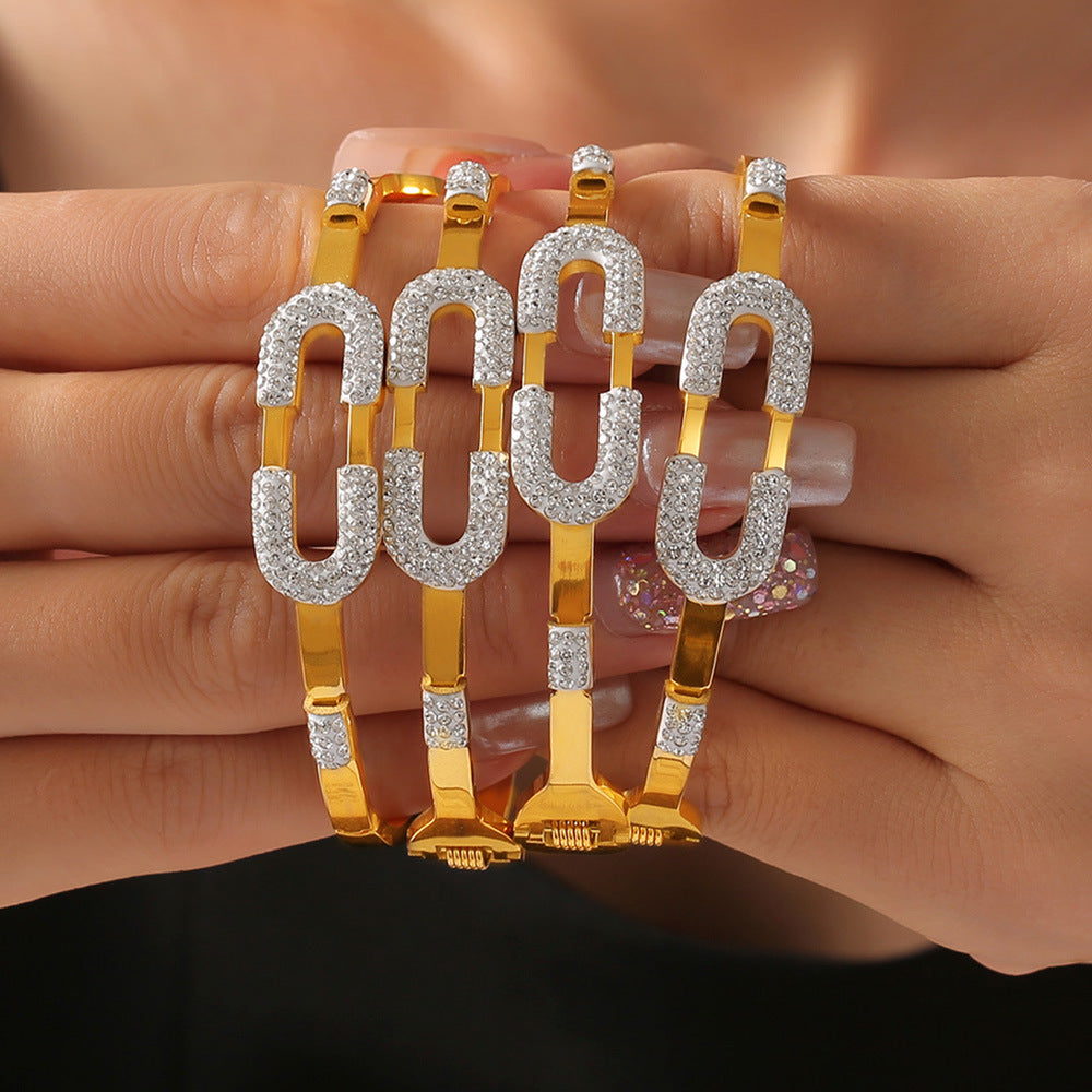Simple niche personality bracelet geometric diamond-set design sense back-shaped spring titanium steel gold-plated bracelet pp
