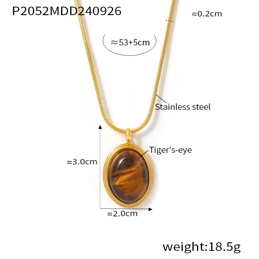 Autumn and winter stacked wearing Maillard style oval tiger's eye stone pendant necklace light luxury stainless steel non-fading neck chain