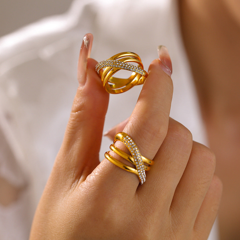 Cross-wound diamond-set ring plated with 18k real gold non-fading retro niche stainless steel ring