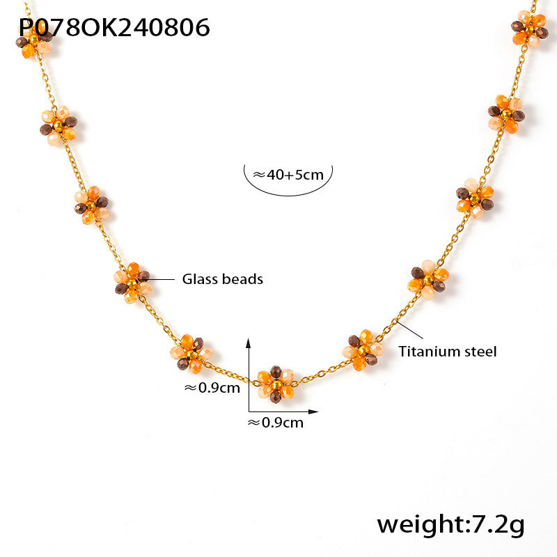 Beaded necklace bracelet anklet handmade girl flower glass bead titanium steel chain jewelry set 99