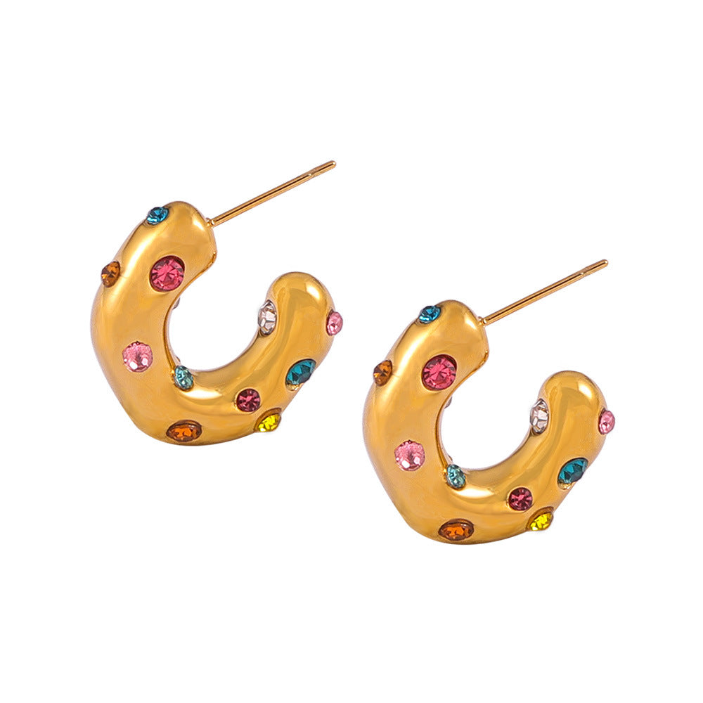 Hot-selling titanium steel gold-plated imitation pearl zircon inlaid C-shaped earrings retro temperament personalized earrings 99