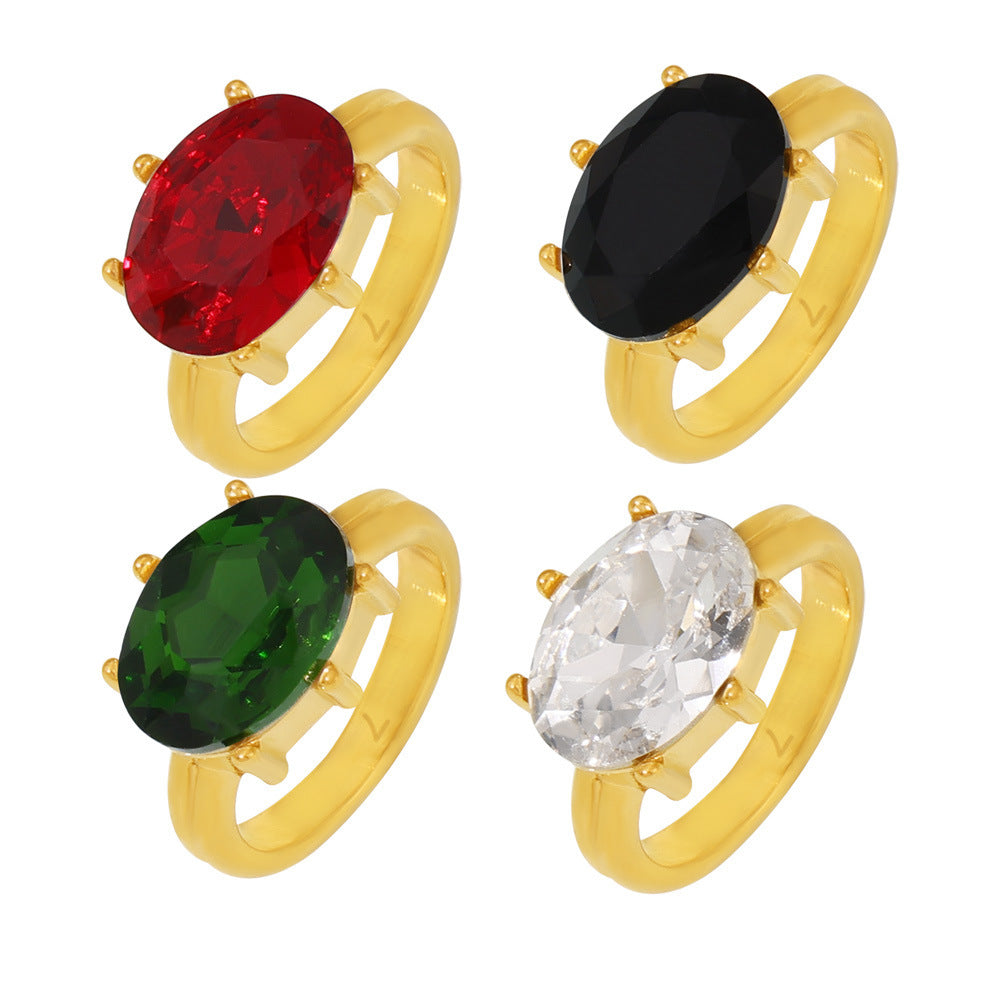 Court style oval glass stone ring luxury temperament titanium steel plated 18k real gold index finger ring jewelry