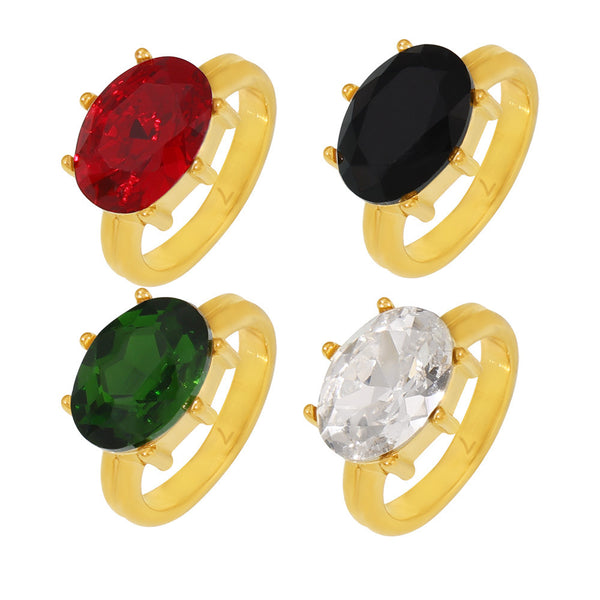 Court style oval glass stone ring luxury temperament titanium steel plated 18k real gold index finger ring jewelry