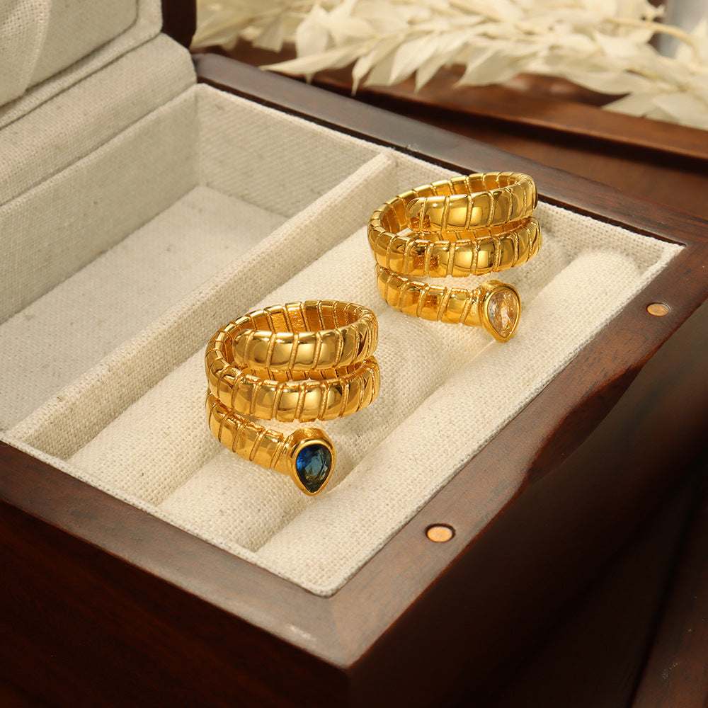 New fashionable retro personalized titanium steel gold-plated with water drop-shaped zircon winding texture open ring for women