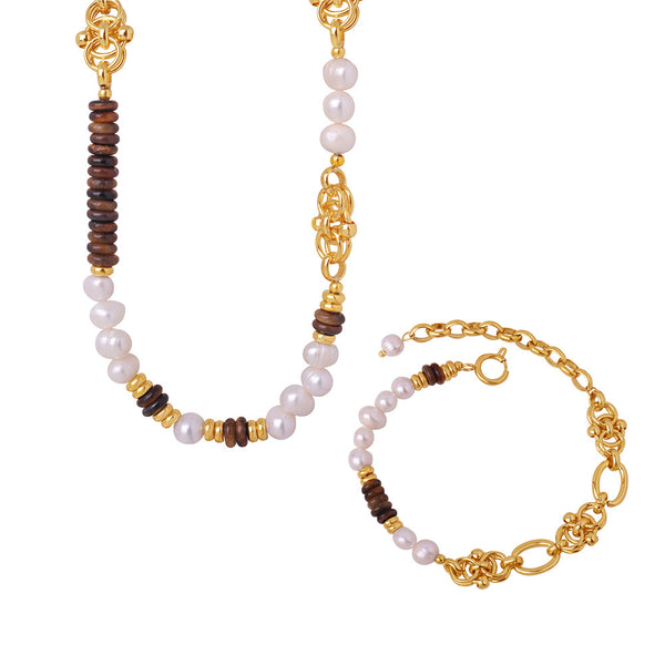 New court style light luxury retro natural tiger's eye stone freshwater pearl handmade beaded necklace bracelet jewelry