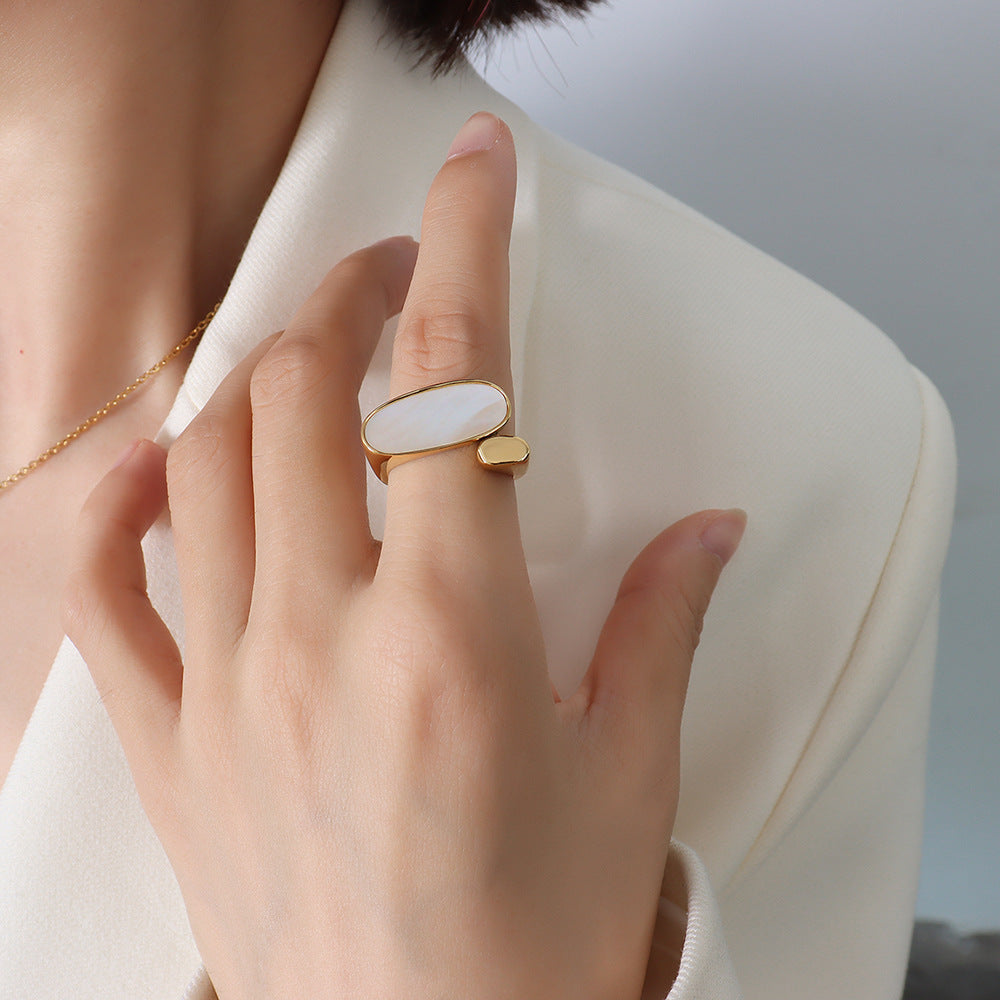 Cold Wind Niche Titanium Steel Plated 18k Gold Jewelry Mother White Oval Open Ring Women's Jewelry