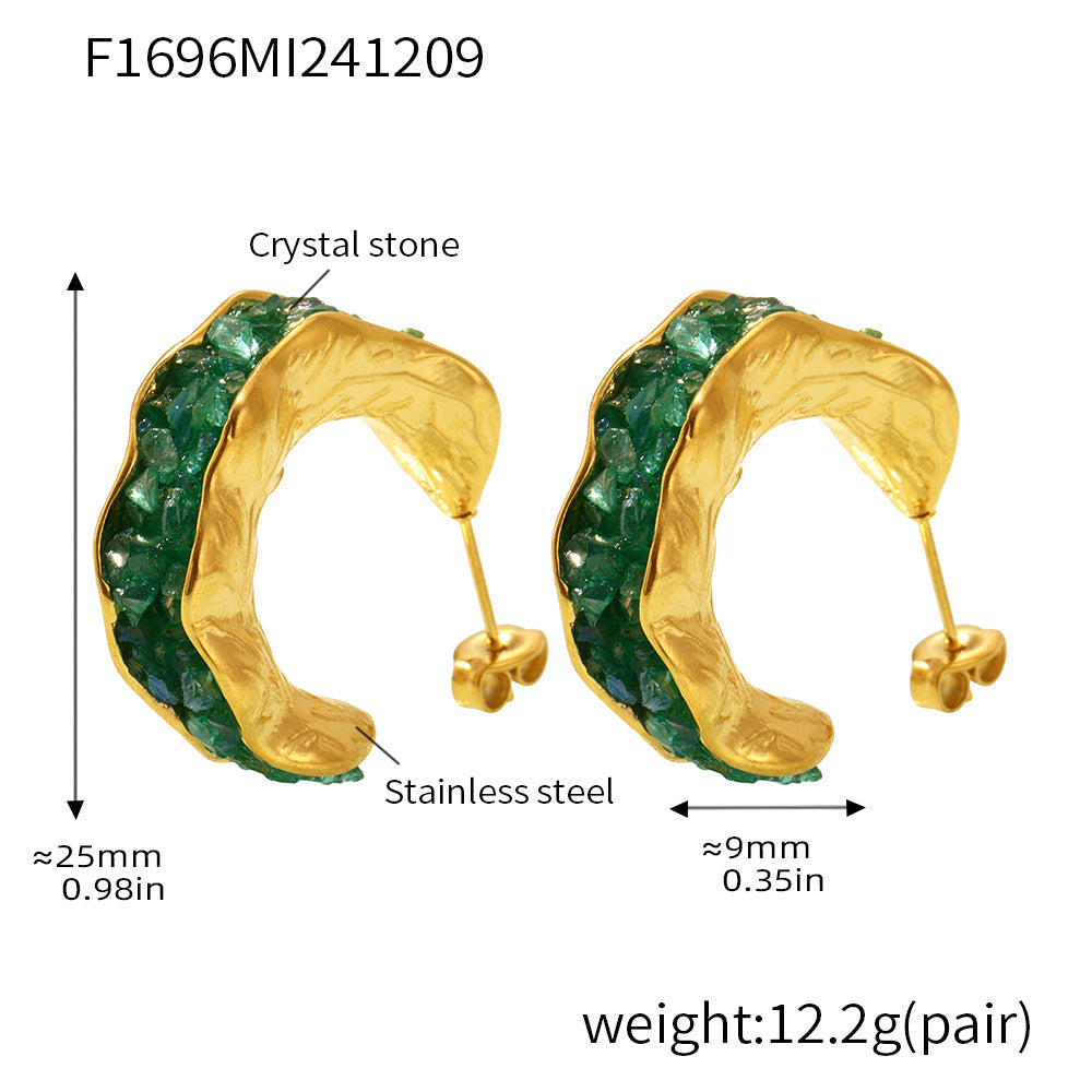Stainless Steel Crystal Stone C-Type Earrings Sparkling Luxury Temperament PVD Plated Real Gold Earrings