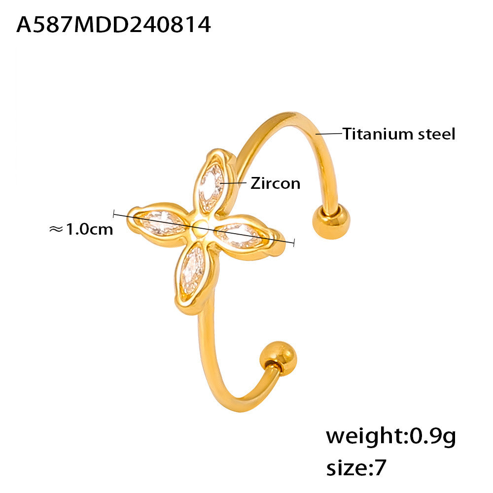 Niche four-petaled flower inlaid zircon pendant, collarbone necklace, open ring, titanium steel plated 18k real gold set, women's 99.