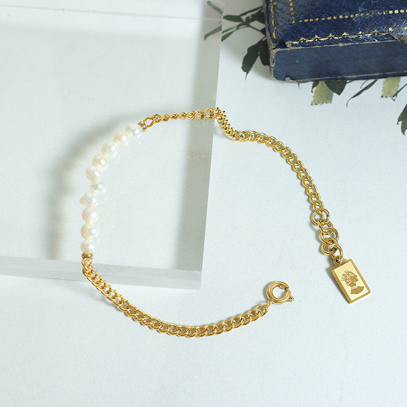 Simple girl girlfriend gift bracelet titanium steel gold-plated chain freshwater pearl beaded retro style does not fade hand jewelry pp