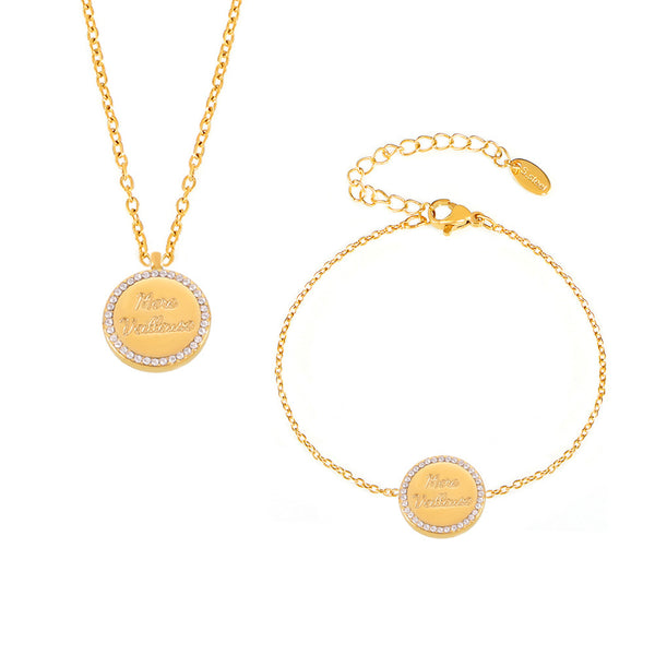 Diamond-encrusted gypsy double-sided meve letters stacked collarbone necklace bracelet exquisite titanium steel set pp