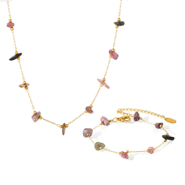 Colored natural gravel necklace bracelet New irregular stainless steel jewelry set for women