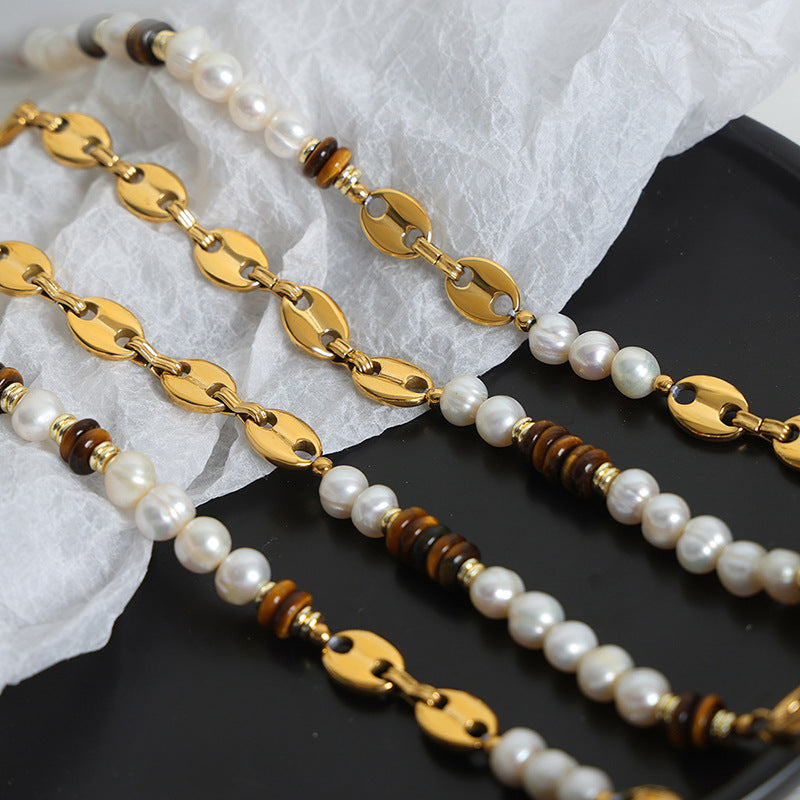 Versatile light luxury titanium steel freshwater pearl tiger's eye stone pig's nose chain necklace bracelet set jewelry women
