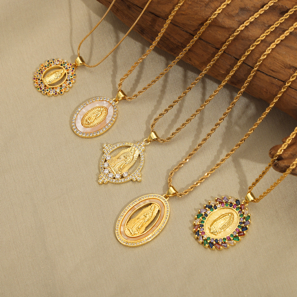New fashion retro light luxury titanium steel gold-plated Virgin Mary geometric diamond-encrusted pendant necklace jewelry