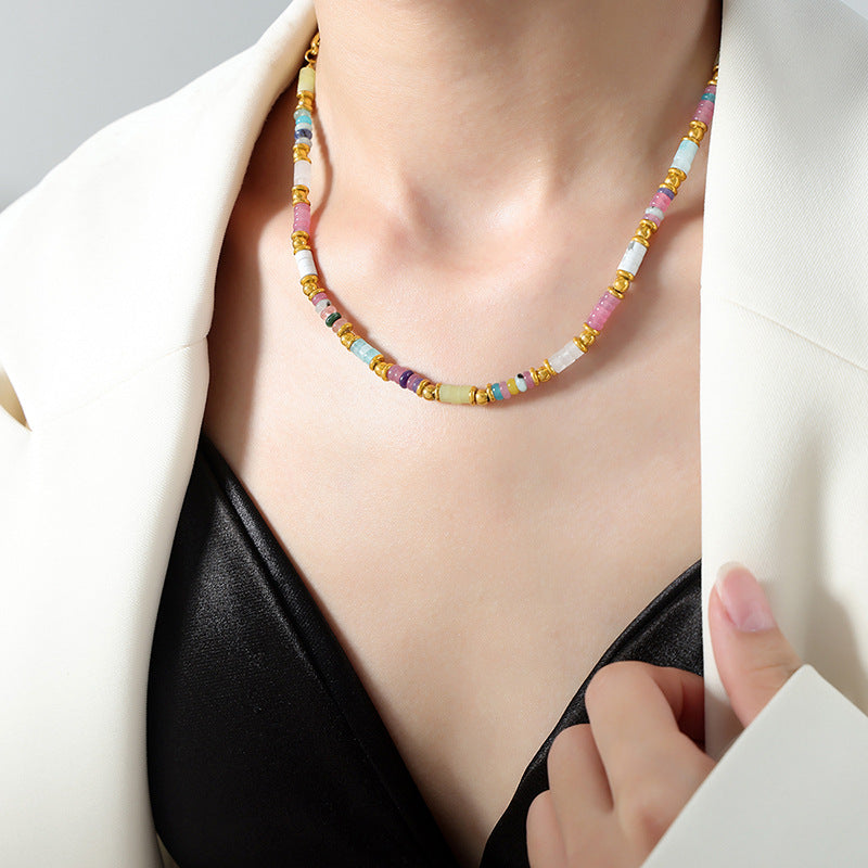 New retro ethnic style personalized niche design mixed color natural stone handmade beaded necklace jewelry pp
