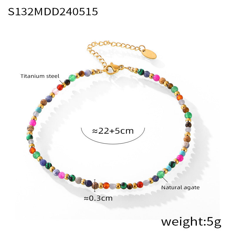 Color natural stone handmade beaded anklet feminine temperament simple personality titanium steel plated 18k gold color retaining foot chain