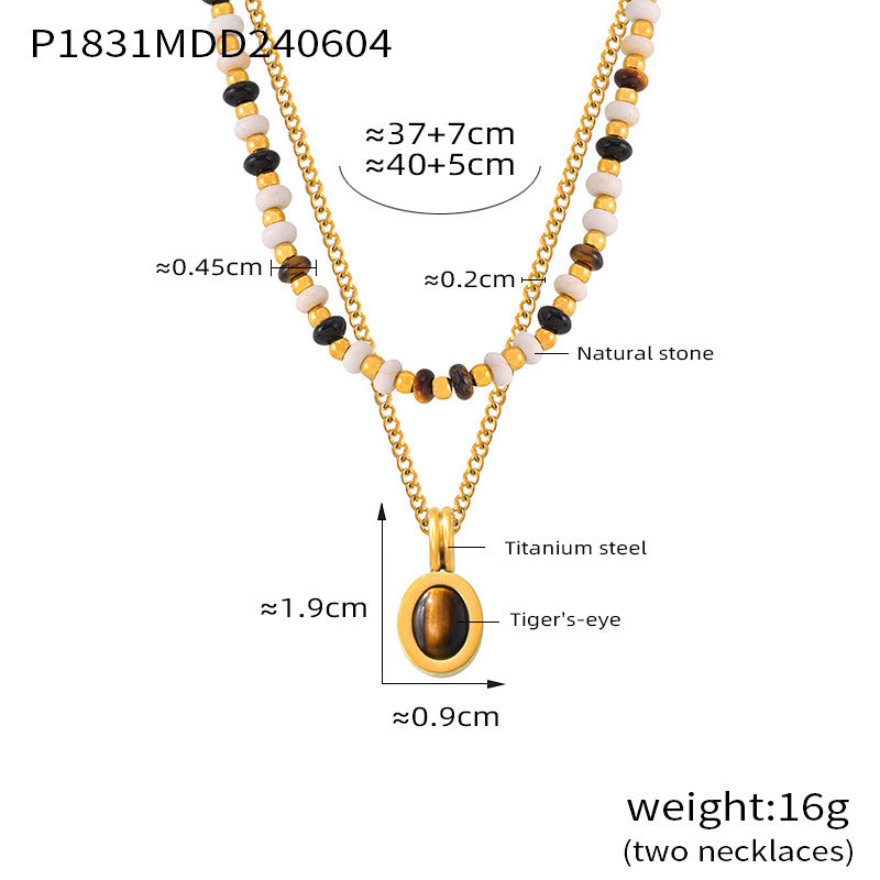 Natural stone beaded design necklace, tiger's eye stone pendant, double-layer stacked wind titanium steel clavicle chain 99