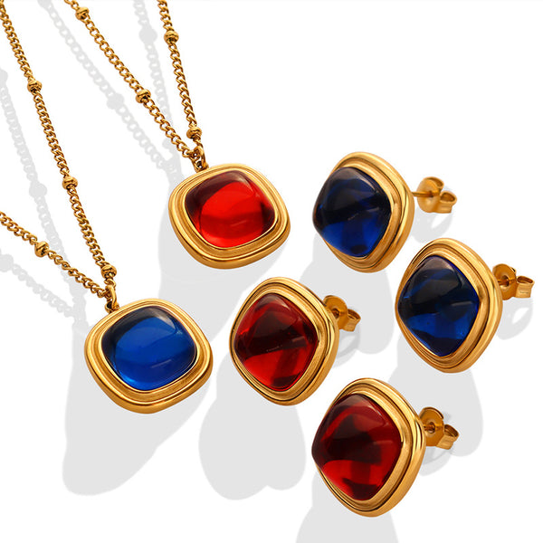 Accessories Women's Natural Crystal Stone Square Pendant Necklace Earrings, Titanium Steel Plated 18K Gold Jewelry Set pp