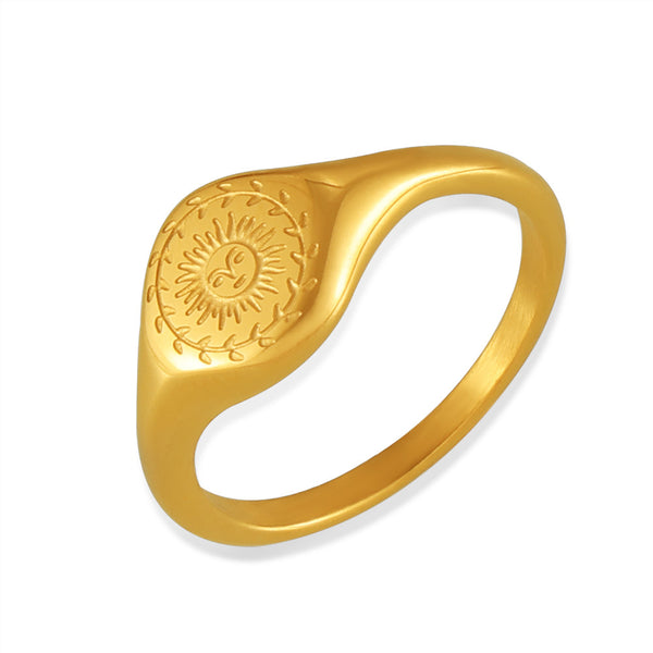 Fashion personality niche cold wind jewelry engraved wreath surrounding the sun design titanium steel gold-plated ring pp