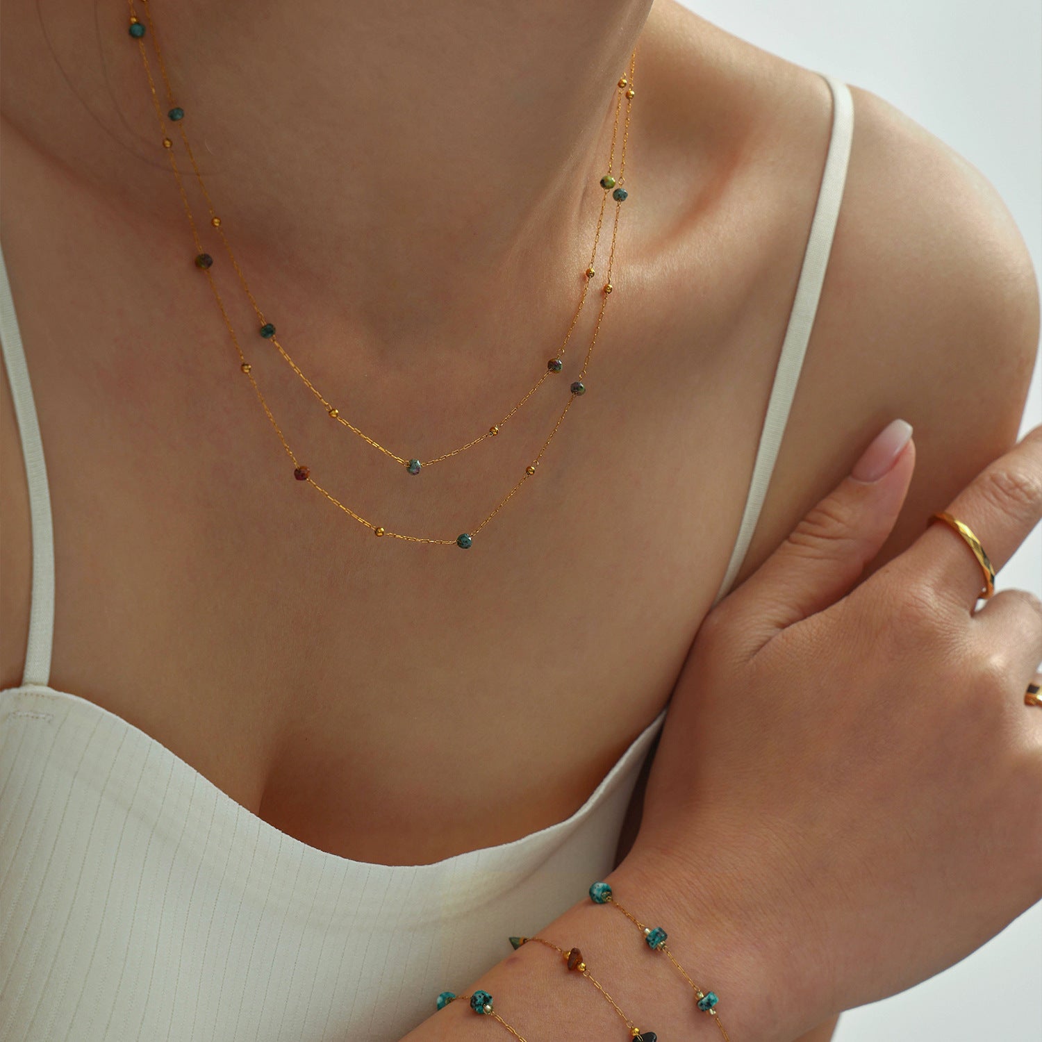 Romantic stainless steel 2mm natural stone cut ultra-fine cross chain handmade beaded necklace jewelry women
