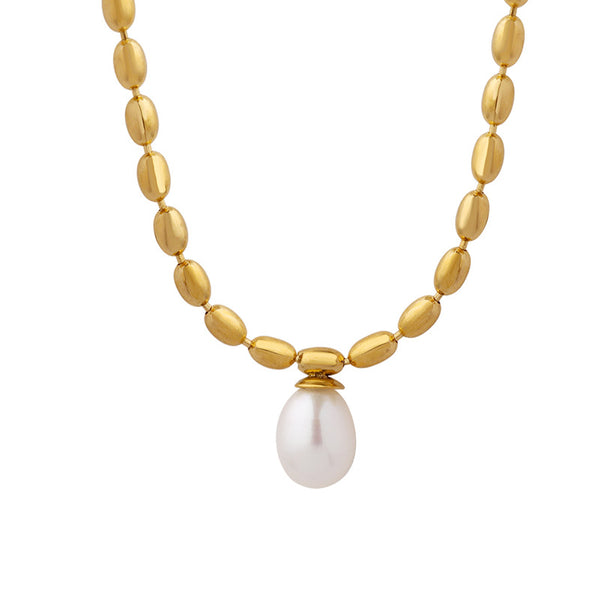 Temperament jewelry neutral style fashion titanium steel gold plated oval bead chain freshwater pearl pendant necklace