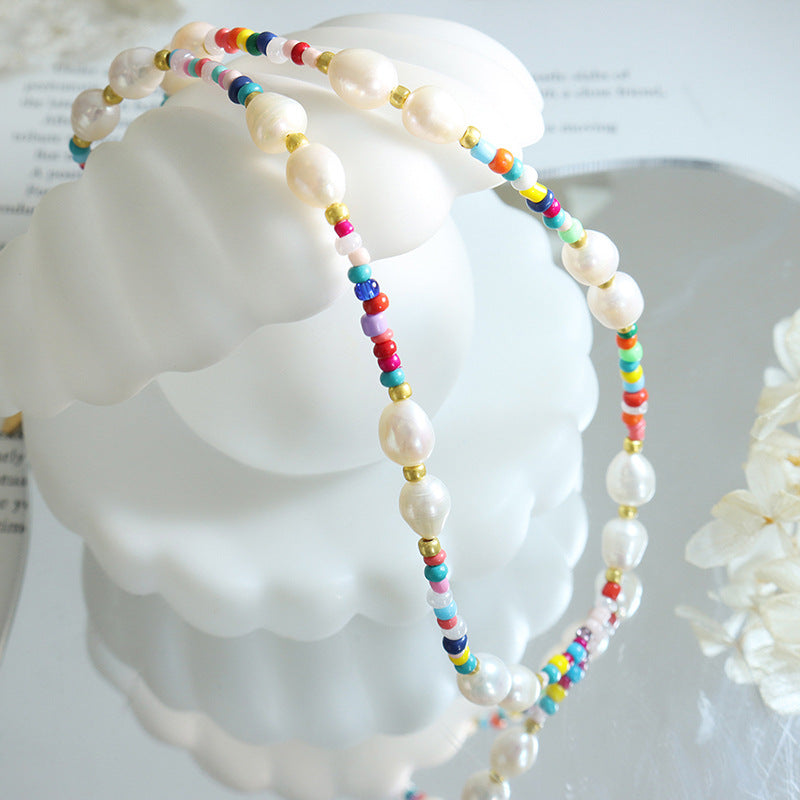 Colorful glass beads, natural freshwater pearls, titanium steel necklaces, cross-border hot-selling fashion trends
