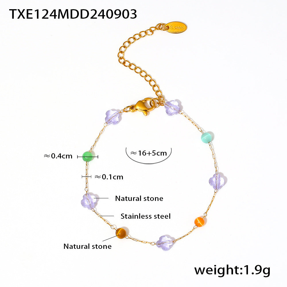 Colorful natural stone collarbone necklace bracelet, stainless steel niche dopamine handmade chain set for women