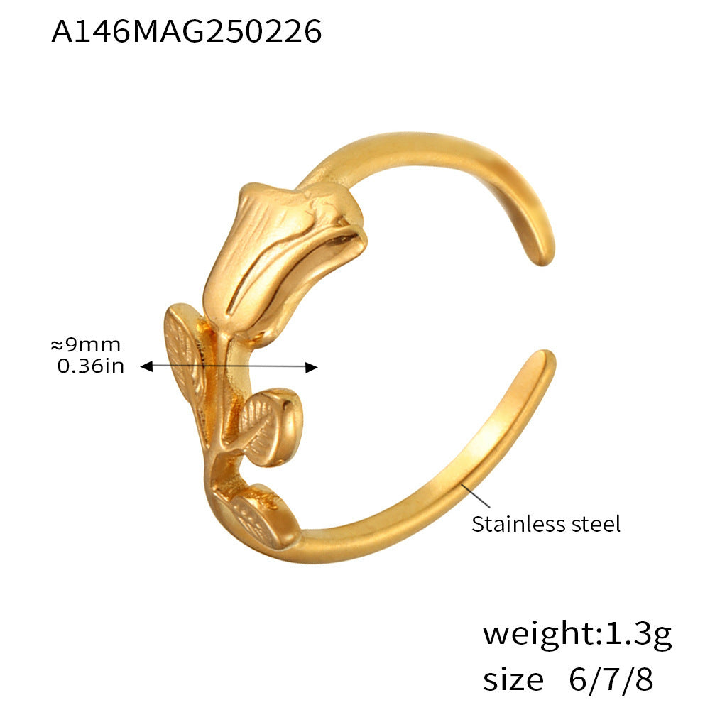 Mori rose embossed ring female creative opening stainless steel does not fade beautiful literary jewelry spot