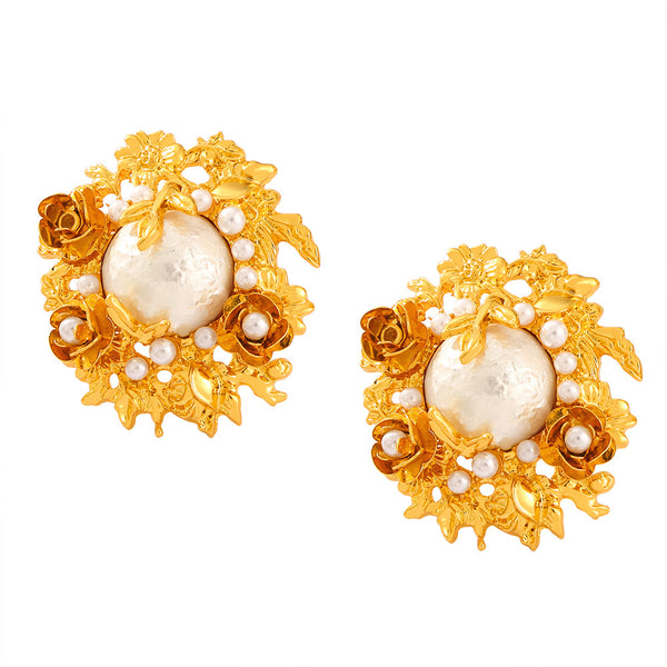 Court style medieval light luxury handmade inlaid bead copper material flowering vintage earrings earrings