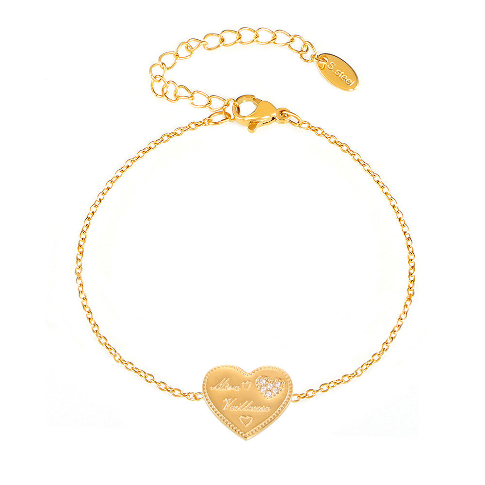 Love letter inlaid zircon craft bracelet temperament stainless steel plated 18K real gold color retention jewelry