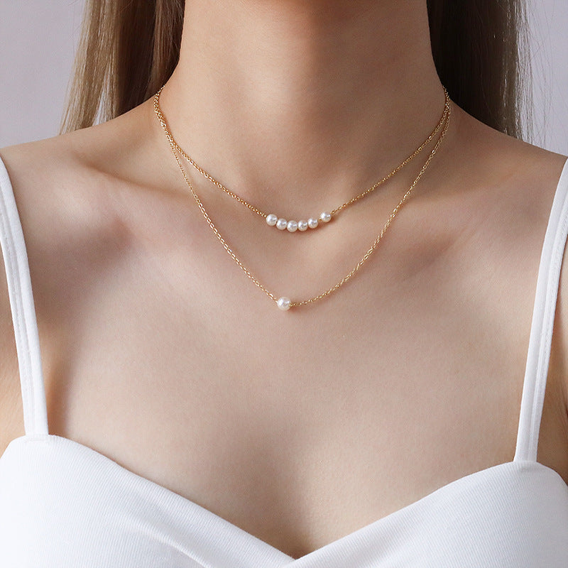 Cold wind chocker titanium steel plated 18K gold imitation pearl pendant necklace women's collarbone neck chain